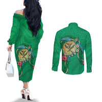 Hawaii Pikake and Maile Lei Couples Matching Off The Shoulder Long Sleeve Dress and Long Sleeve Button Shirt Honu Polynesian Pattern Green Color