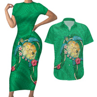 Hawaii Pikake and Maile Lei Couples Matching Short Sleeve Bodycon Dress and Hawaiian Shirt Honu Polynesian Pattern Green Color LT03 Green - Polynesian Pride