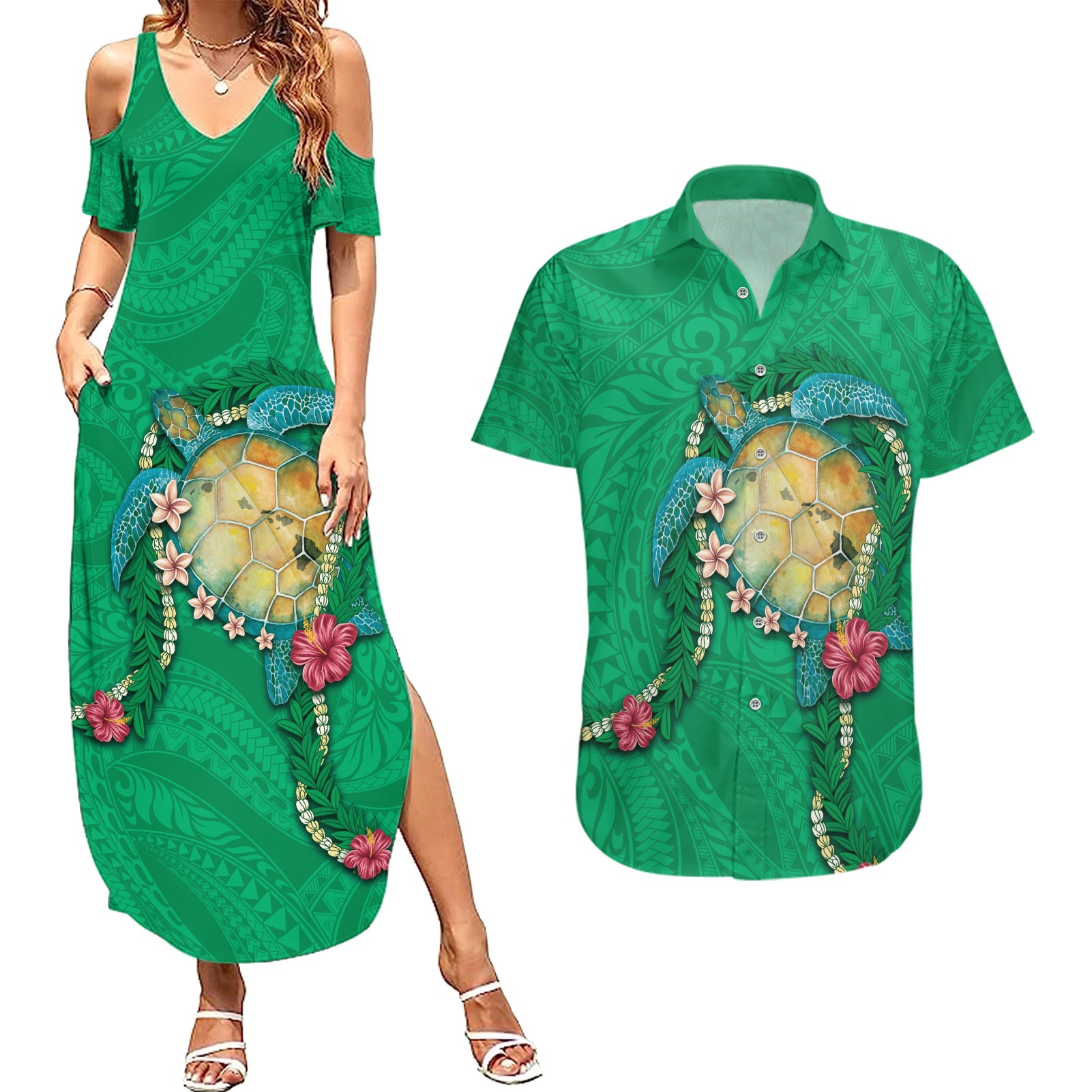 Hawaii Pikake and Maile Lei Couples Matching Summer Maxi Dress and Hawaiian Shirt Honu Polynesian Pattern Green Color