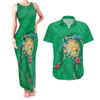Hawaii Pikake and Maile Lei Couples Matching Tank Maxi Dress and Hawaiian Shirt Honu Polynesian Pattern Green Color