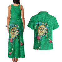 Hawaii Pikake and Maile Lei Couples Matching Tank Maxi Dress and Hawaiian Shirt Honu Polynesian Pattern Green Color