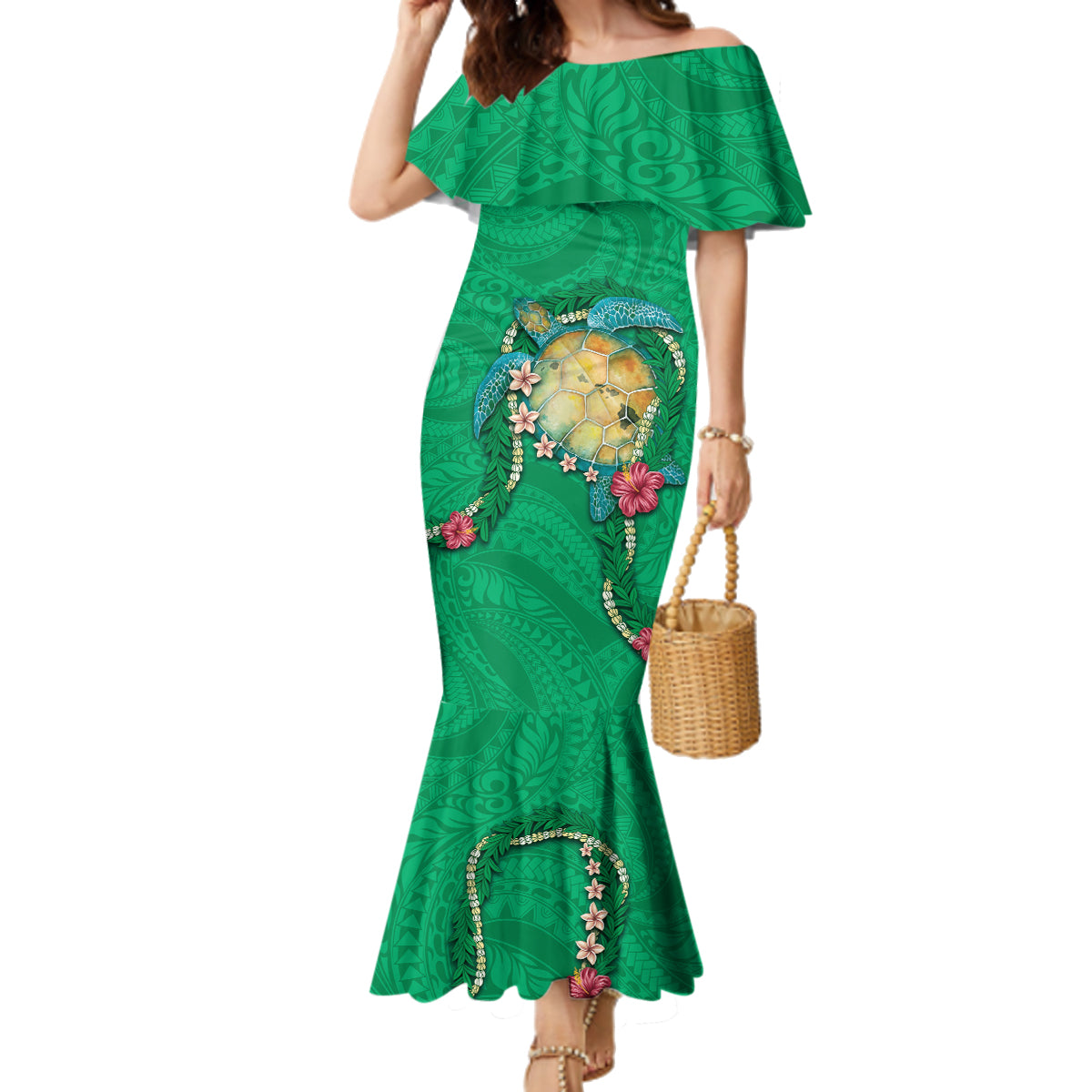 Hawaii Pikake and Maile Lei Family Matching Mermaid Dress and Hawaiian Shirt Honu Polynesian Pattern Green Color LT03 Mom's Dress Green - Polynesian Pride