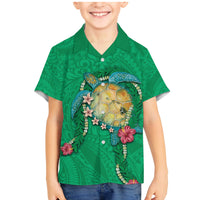 Hawaii Pikake and Maile Lei Family Matching Mermaid Dress and Hawaiian Shirt Honu Polynesian Pattern Green Color LT03 Son's Shirt Green - Polynesian Pride