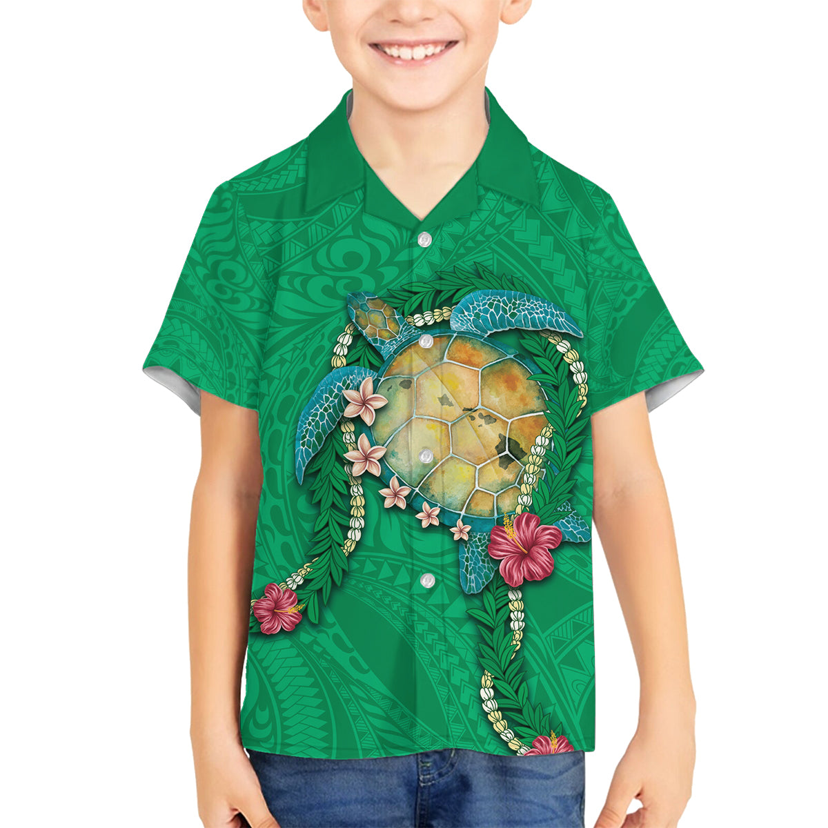 Hawaii Pikake and Maile Lei Family Matching Off The Shoulder Long Sleeve Dress and Hawaiian Shirt Honu Polynesian Pattern Green Color