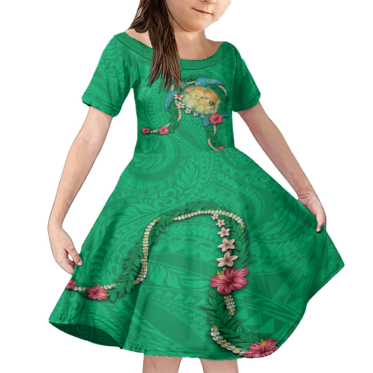 Hawaii Pikake and Maile Lei Family Matching Off Shoulder Maxi Dress and Hawaiian Shirt Honu Polynesian Pattern Green Color LT03 Daughter's Dress Green - Polynesian Pride