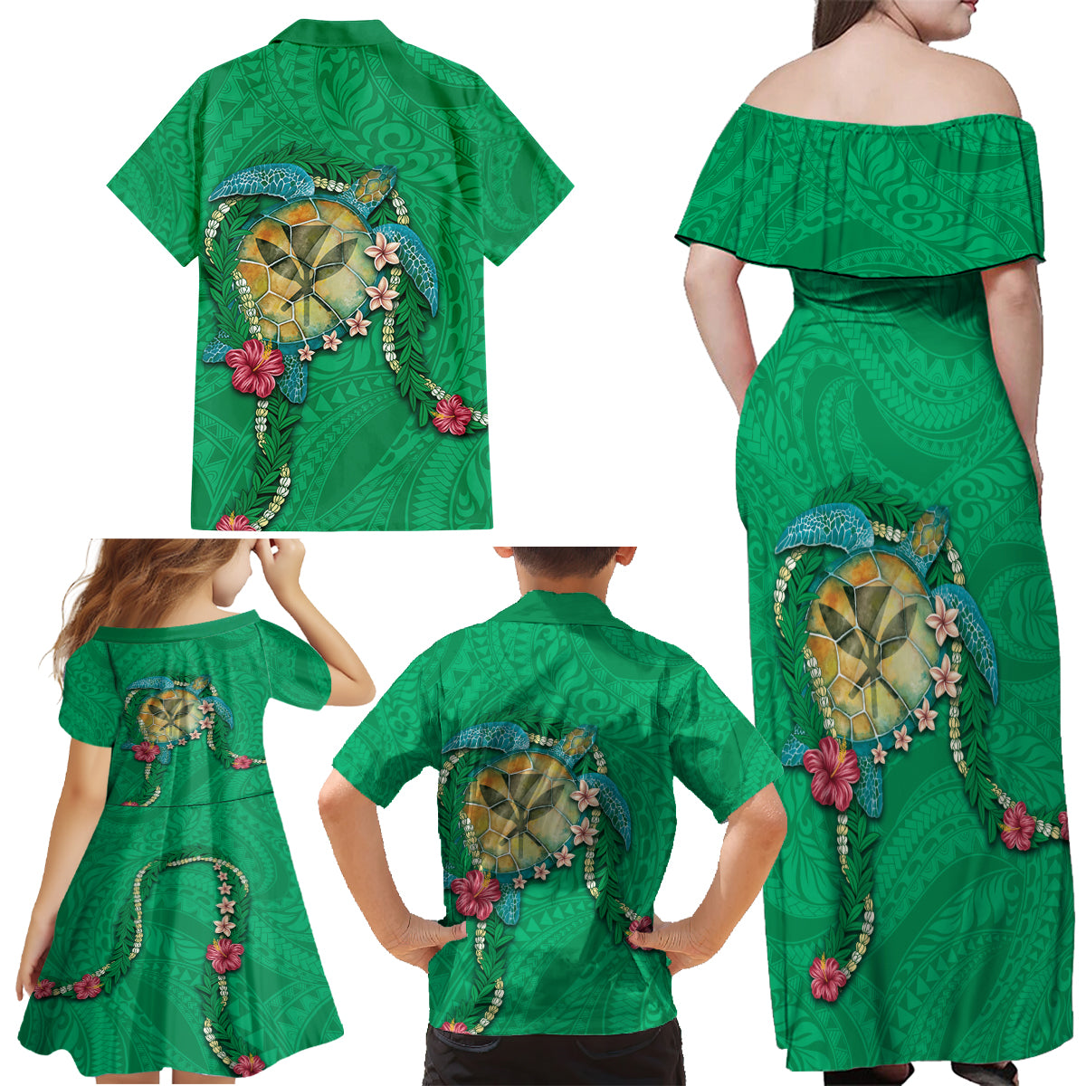 Hawaii Pikake and Maile Lei Family Matching Off Shoulder Maxi Dress and Hawaiian Shirt Honu Polynesian Pattern Green Color LT03 - Polynesian Pride