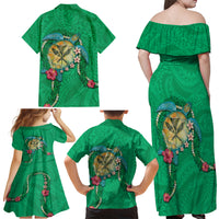 Hawaii Pikake and Maile Lei Family Matching Off Shoulder Maxi Dress and Hawaiian Shirt Honu Polynesian Pattern Green Color LT03 - Polynesian Pride