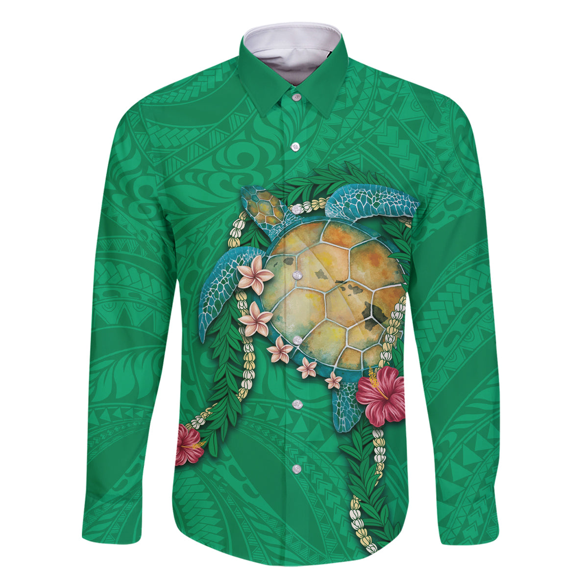 Hawaii Pikake and Maile Lei Family Matching Off Shoulder Maxi Dress and Hawaiian Shirt Honu Polynesian Pattern Green Color LT03 Dad's Shirt - Long Sleeve Green - Polynesian Pride