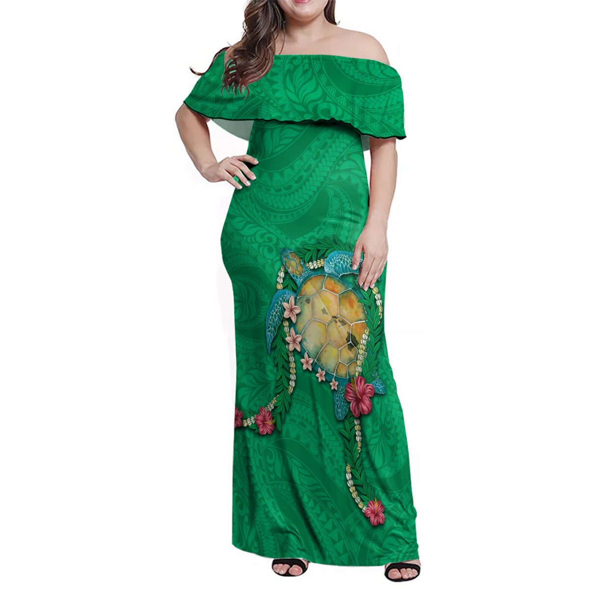 Hawaii Pikake and Maile Lei Family Matching Off Shoulder Maxi Dress and Hawaiian Shirt Honu Polynesian Pattern Green Color LT03 Mom's Dress Green - Polynesian Pride