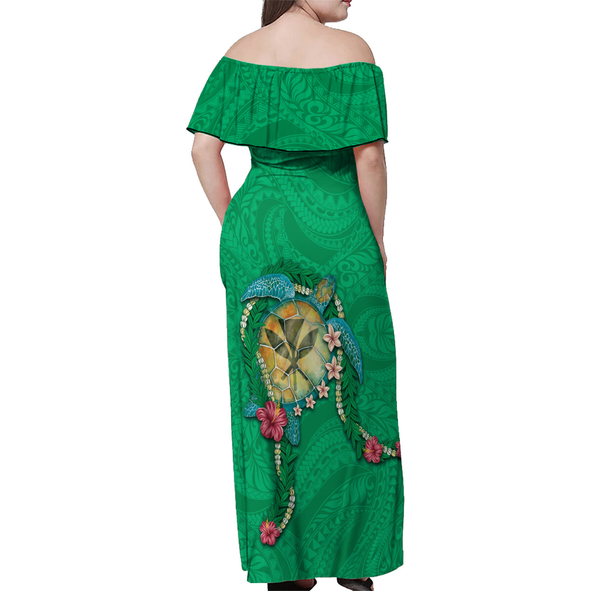 Hawaii Pikake and Maile Lei Family Matching Off Shoulder Maxi Dress and Hawaiian Shirt Honu Polynesian Pattern Green Color LT03 - Polynesian Pride