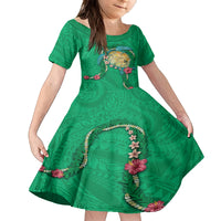 Hawaii Pikake and Maile Lei Family Matching Puletasi and Hawaiian Shirt Honu Polynesian Pattern Green Color LT03 Daughter's Dress Green - Polynesian Pride