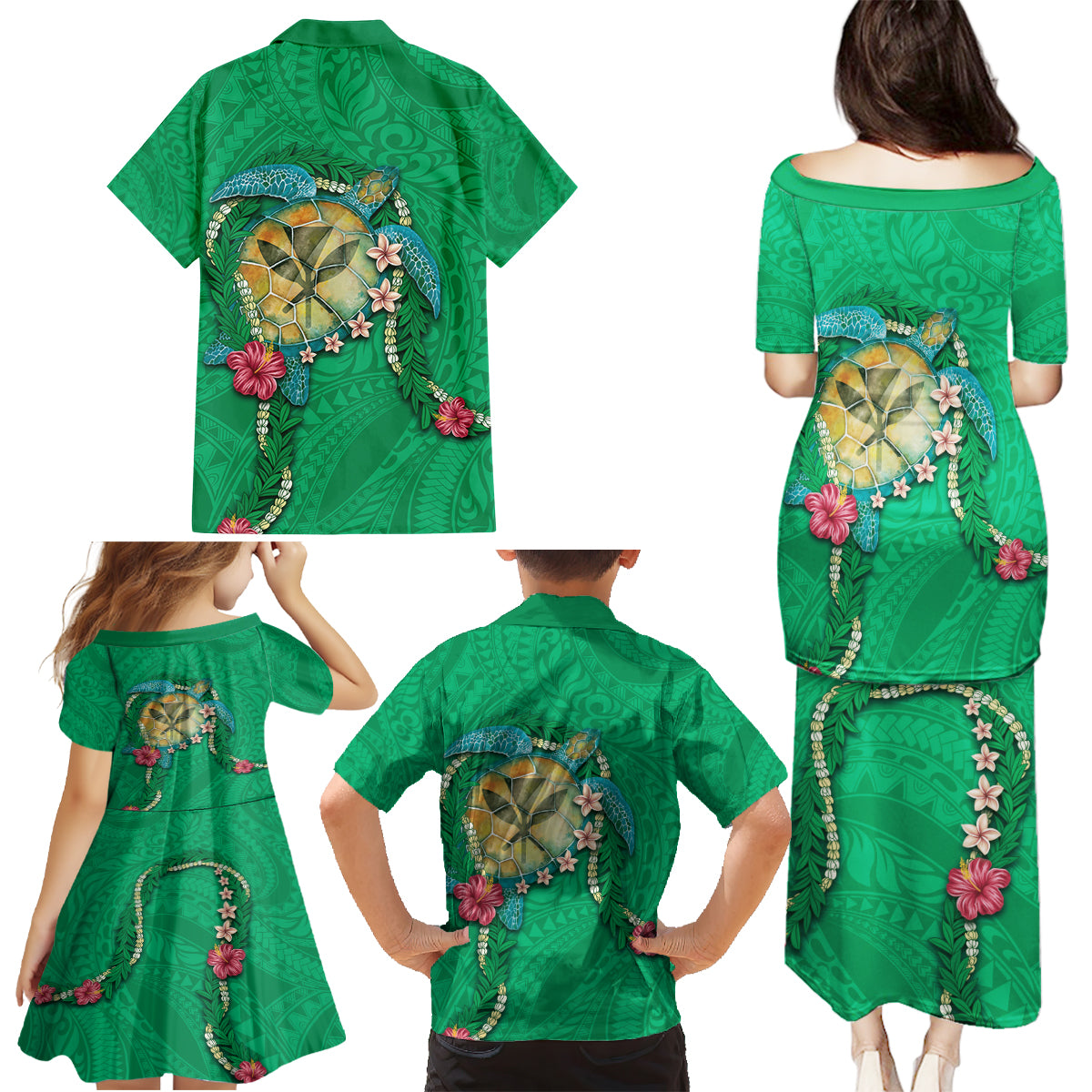 Hawaii Pikake and Maile Lei Family Matching Puletasi and Hawaiian Shirt Honu Polynesian Pattern Green Color LT03 - Polynesian Pride