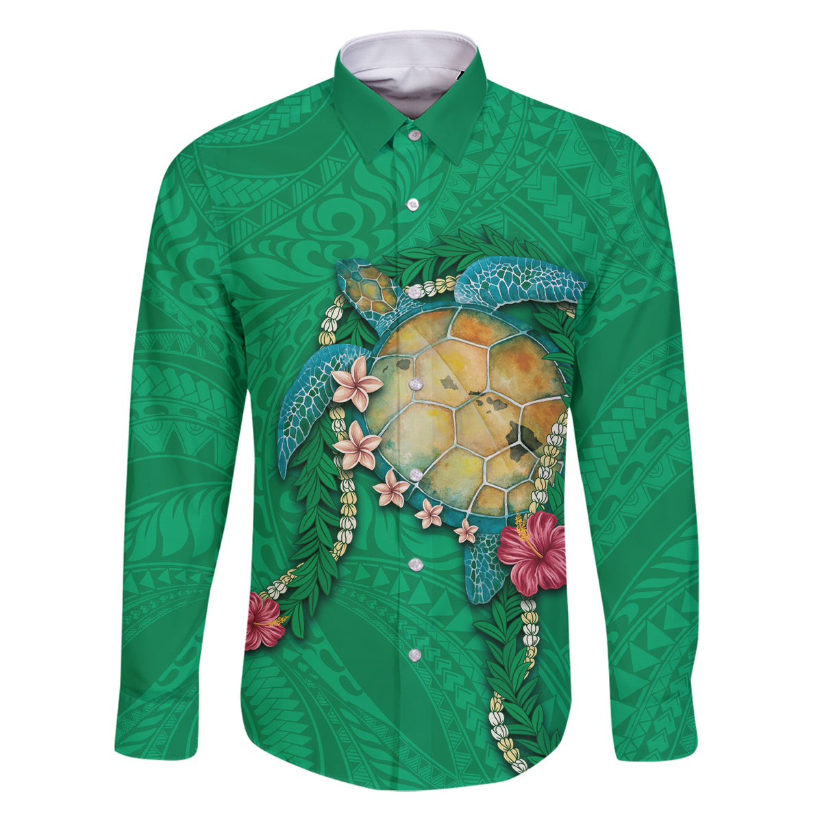 Hawaii Pikake and Maile Lei Family Matching Puletasi and Hawaiian Shirt Honu Polynesian Pattern Green Color LT03 Dad's Shirt - Long Sleeve Green - Polynesian Pride