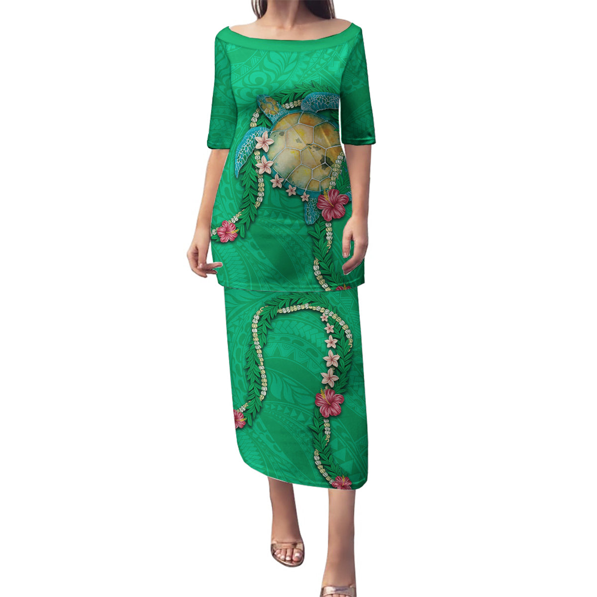 Hawaii Pikake and Maile Lei Family Matching Puletasi and Hawaiian Shirt Honu Polynesian Pattern Green Color LT03 Mom's Dress Green - Polynesian Pride