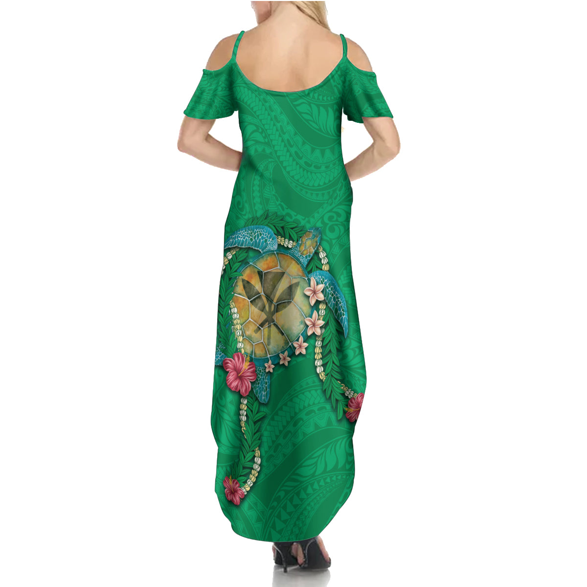 Hawaii Pikake and Maile Lei Family Matching Summer Maxi Dress and Hawaiian Shirt Honu Polynesian Pattern Green Color