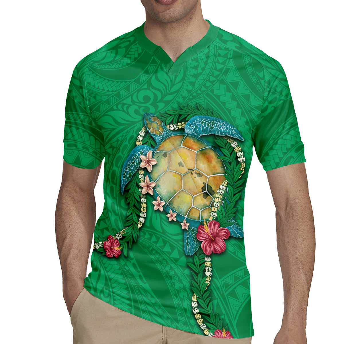 Hawaii Pikake and Maile Lei Rugby Jersey Honu Polynesian Pattern Green Color