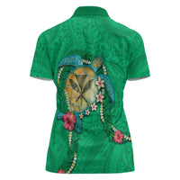 Hawaii Pikake and Maile Lei Women Polo Shirt Honu Polynesian Pattern Green Color