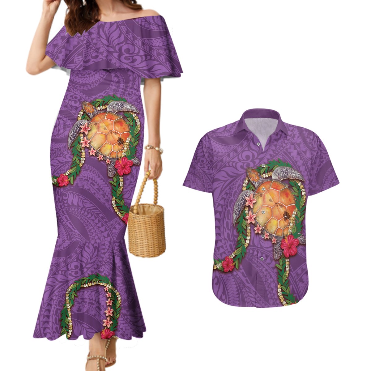 Hawaii Pikake and Maile Lei Couples Matching Mermaid Dress and Hawaiian Shirt Honu Polynesian Pattern Pink Color LT03 Pink - Polynesian Pride