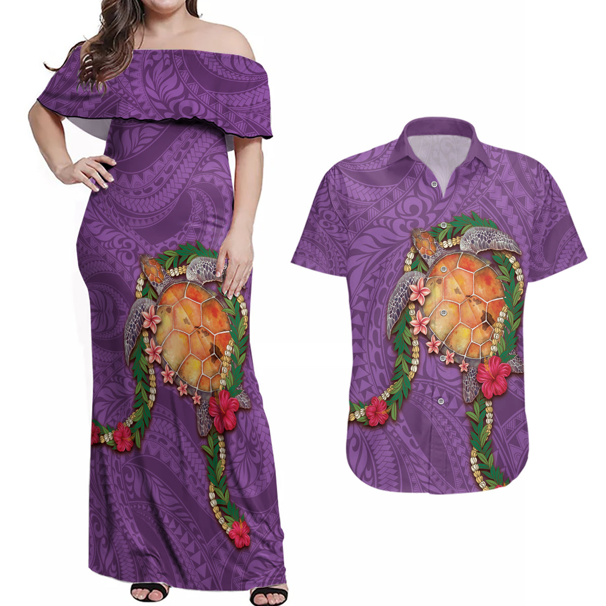Hawaii Pikake and Maile Lei Couples Matching Off Shoulder Maxi Dress and Hawaiian Shirt Honu Polynesian Pattern Pink Color LT03 Pink - Polynesian Pride
