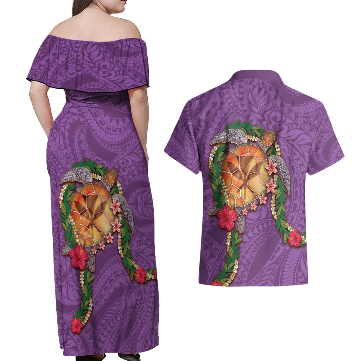 Hawaii Pikake and Maile Lei Couples Matching Off Shoulder Maxi Dress and Hawaiian Shirt Honu Polynesian Pattern Pink Color LT03 - Polynesian Pride