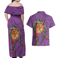 Hawaii Pikake and Maile Lei Couples Matching Off Shoulder Maxi Dress and Hawaiian Shirt Honu Polynesian Pattern Pink Color LT03 - Polynesian Pride