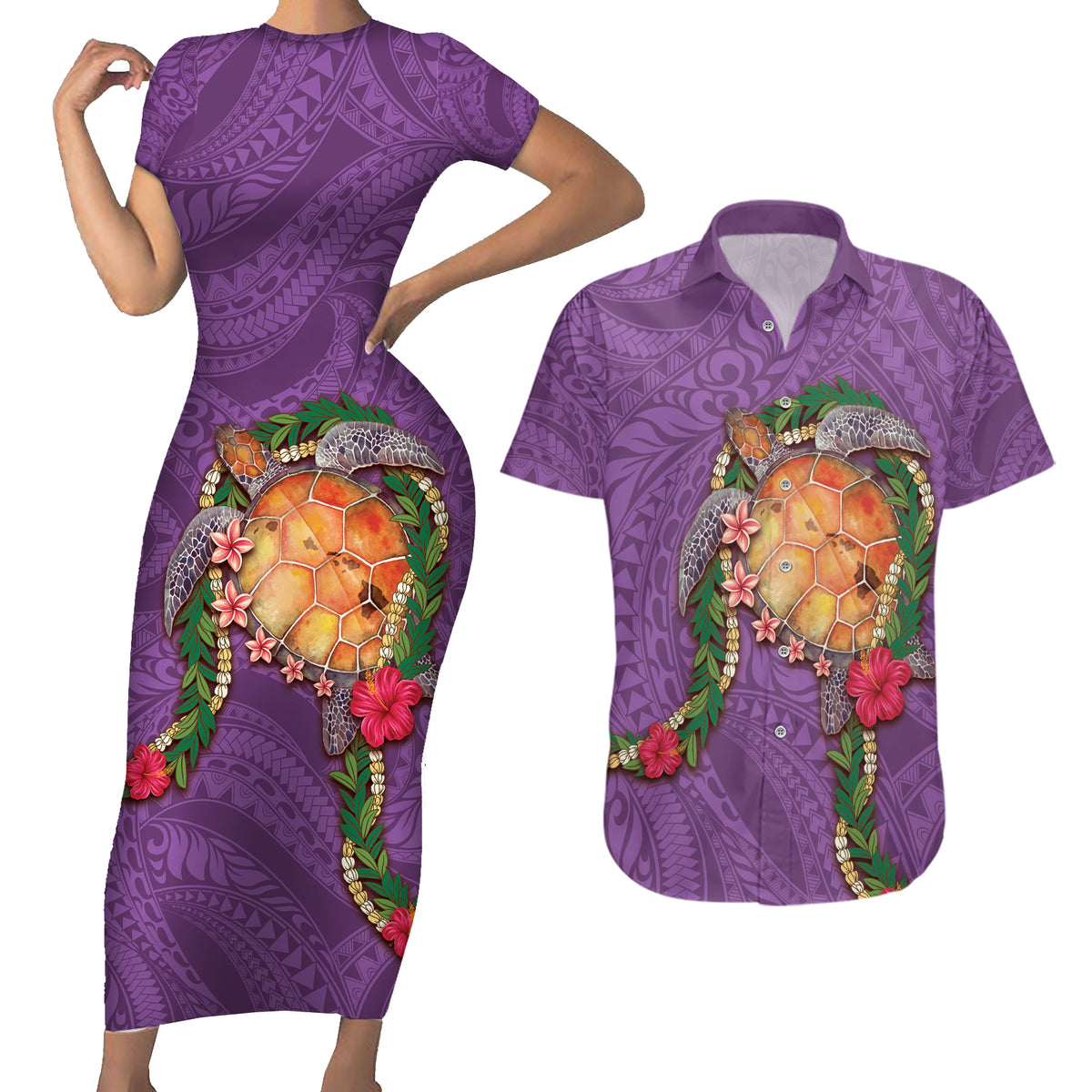Hawaii Pikake and Maile Lei Couples Matching Short Sleeve Bodycon Dress and Hawaiian Shirt Honu Polynesian Pattern Pink Color LT03 Pink - Polynesian Pride