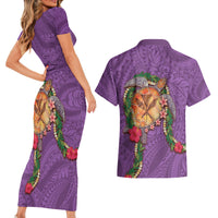 Hawaii Pikake and Maile Lei Couples Matching Short Sleeve Bodycon Dress and Hawaiian Shirt Honu Polynesian Pattern Pink Color LT03 - Polynesian Pride