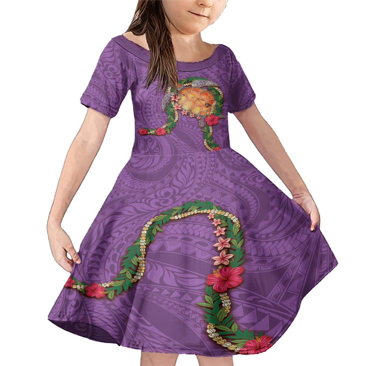Hawaii Pikake and Maile Lei Family Matching Mermaid Dress and Hawaiian Shirt Honu Polynesian Pattern Pink Color LT03 Daughter's Dress Pink - Polynesian Pride