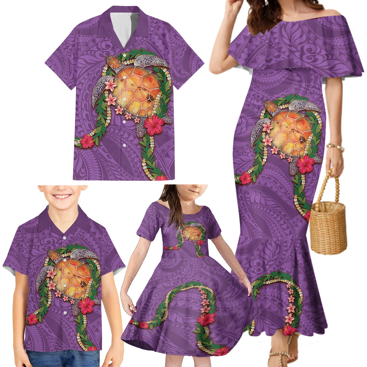 Hawaii Pikake and Maile Lei Family Matching Mermaid Dress and Hawaiian Shirt Honu Polynesian Pattern Pink Color LT03 - Polynesian Pride