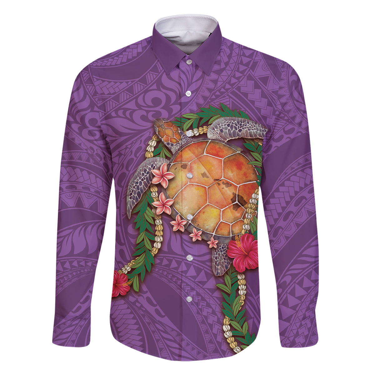 Hawaii Pikake and Maile Lei Family Matching Mermaid Dress and Hawaiian Shirt Honu Polynesian Pattern Pink Color LT03 Dad's Shirt - Long Sleeve Pink - Polynesian Pride