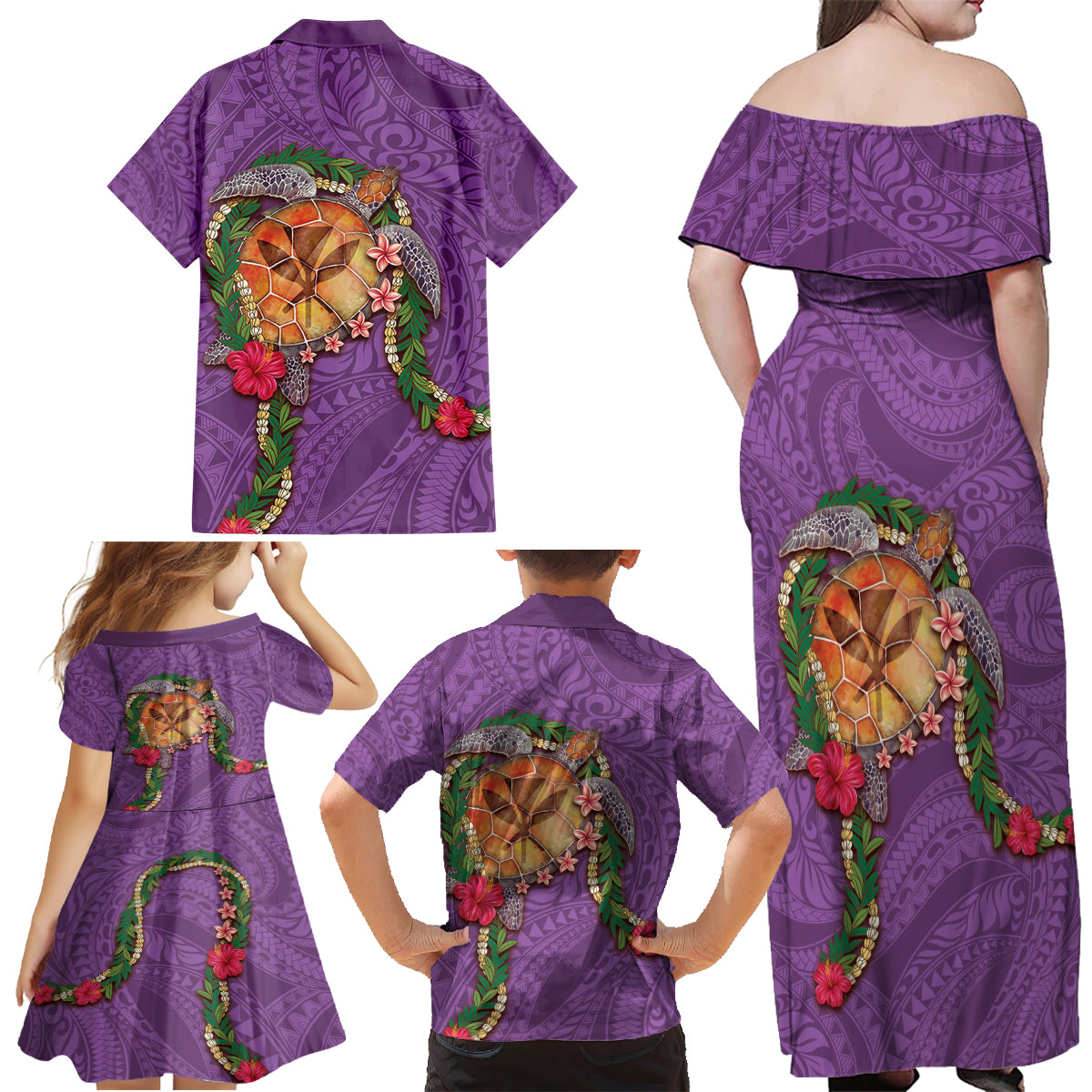 Hawaii Pikake and Maile Lei Family Matching Off Shoulder Maxi Dress and Hawaiian Shirt Honu Polynesian Pattern Pink Color LT03 - Polynesian Pride