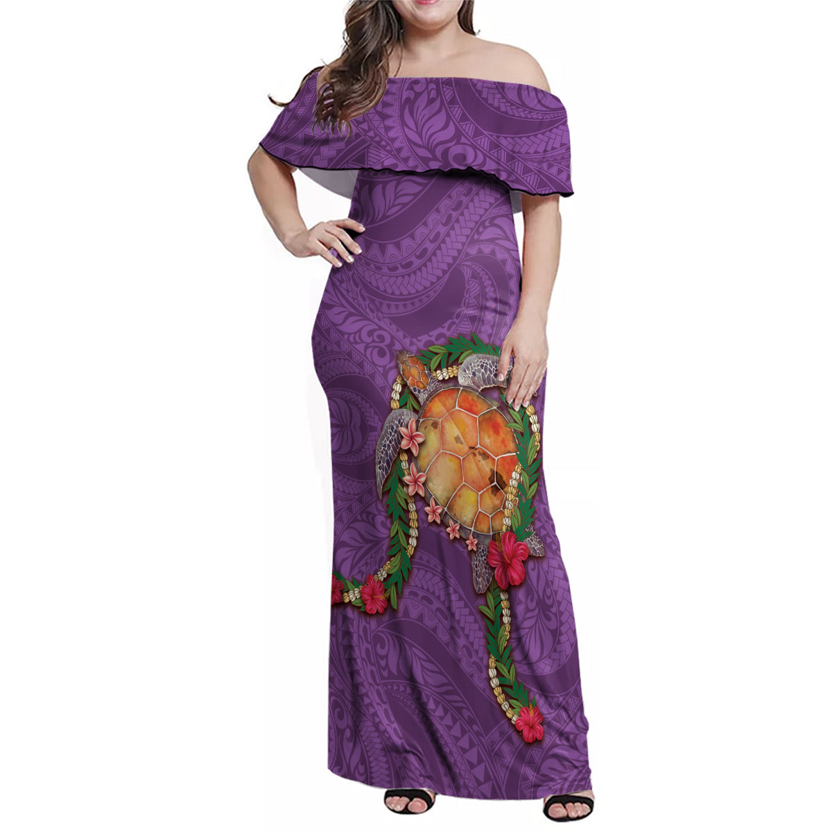 Hawaii Pikake and Maile Lei Family Matching Off Shoulder Maxi Dress and Hawaiian Shirt Honu Polynesian Pattern Pink Color LT03 Mom's Dress Pink - Polynesian Pride
