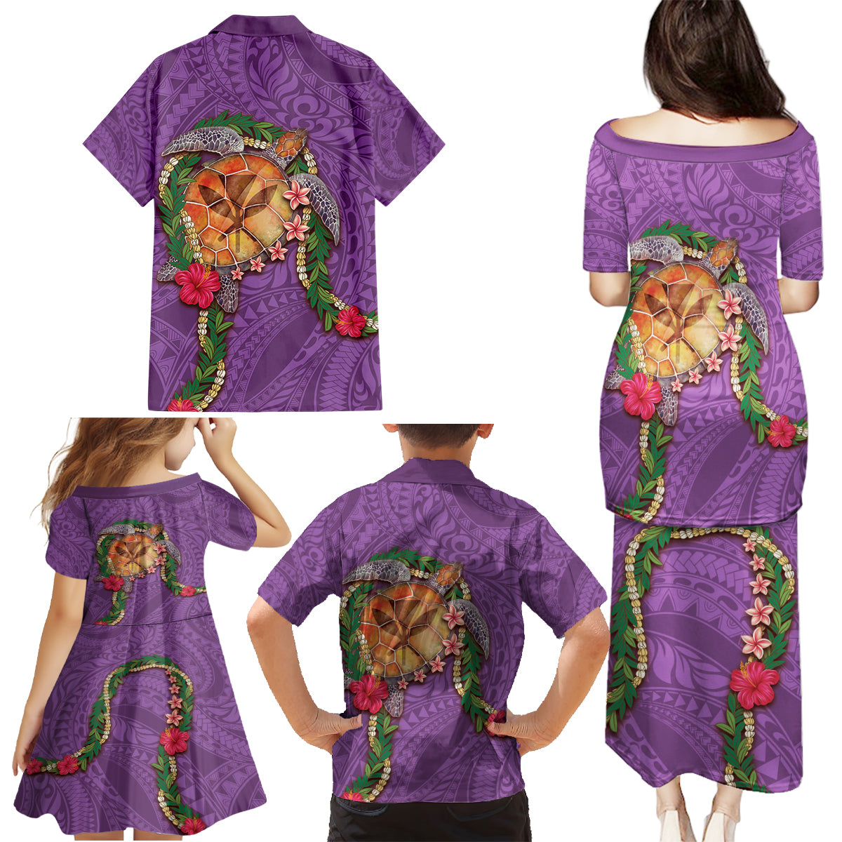 Hawaii Pikake and Maile Lei Family Matching Puletasi and Hawaiian Shirt Honu Polynesian Pattern Pink Color LT03 - Polynesian Pride