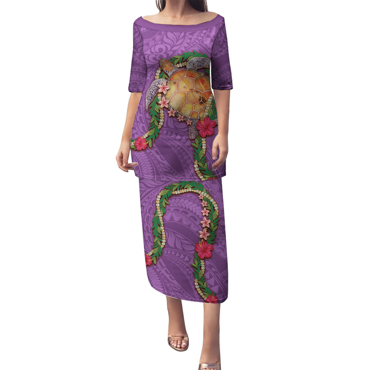 Hawaii Pikake and Maile Lei Family Matching Puletasi and Hawaiian Shirt Honu Polynesian Pattern Pink Color LT03 Mom's Dress Pink - Polynesian Pride
