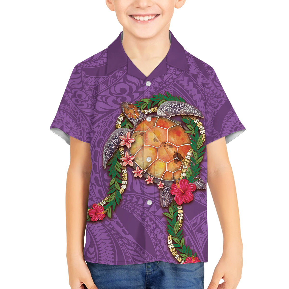 Hawaii Pikake and Maile Lei Family Matching Puletasi and Hawaiian Shirt Honu Polynesian Pattern Pink Color LT03 Son's Shirt Pink - Polynesian Pride