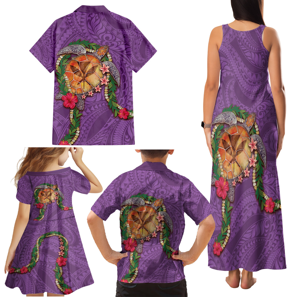 Hawaii Pikake and Maile Lei Family Matching Tank Maxi Dress and Hawaiian Shirt Honu Polynesian Pattern Pink Color