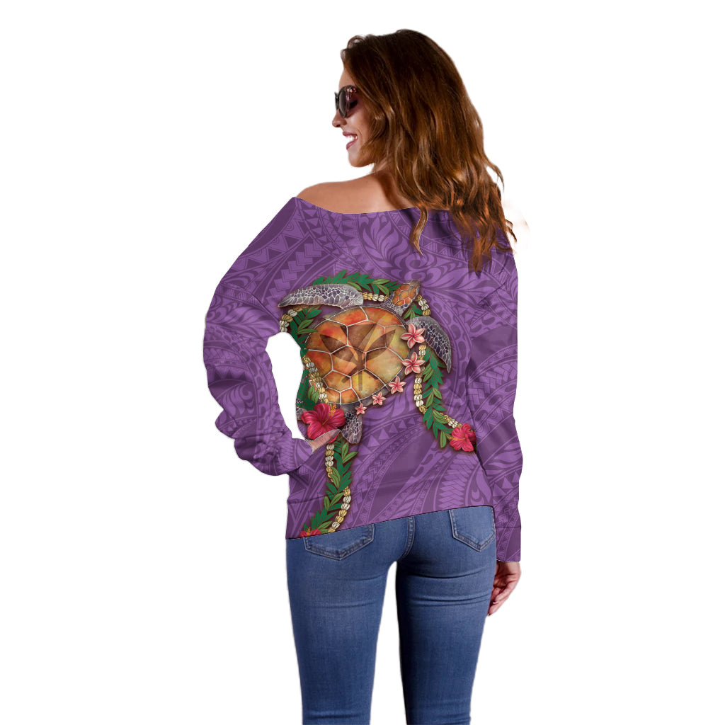 Hawaii Pikake and Maile Lei Off Shoulder Sweater Honu Polynesian Pattern Pink Color