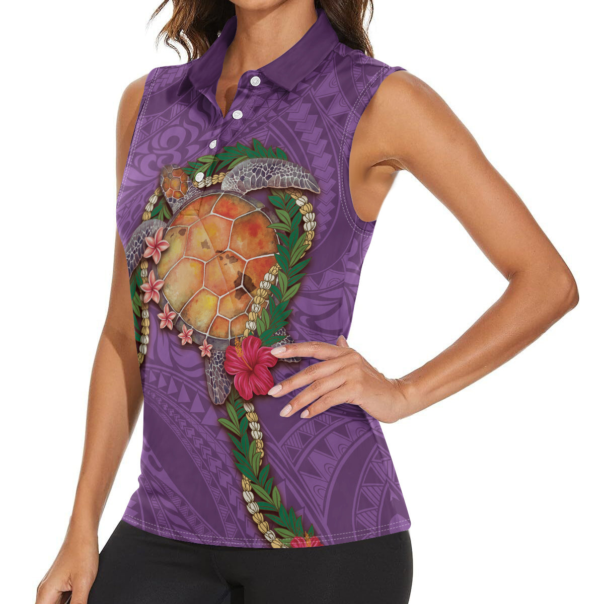 Hawaii Pikake and Maile Lei Women Sleeveless Polo Shirt Honu Polynesian Pattern Pink Color