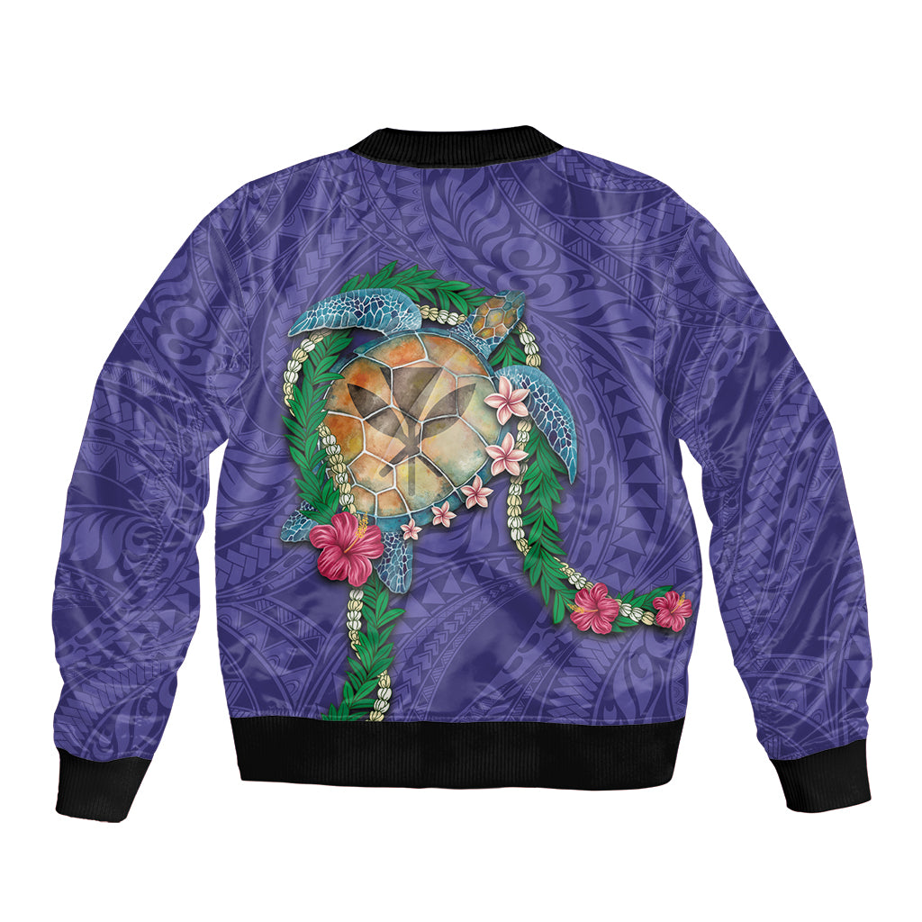 Hawaii Pikake and Maile Lei Bomber Jacket Honu Polynesian Pattern Purple Color