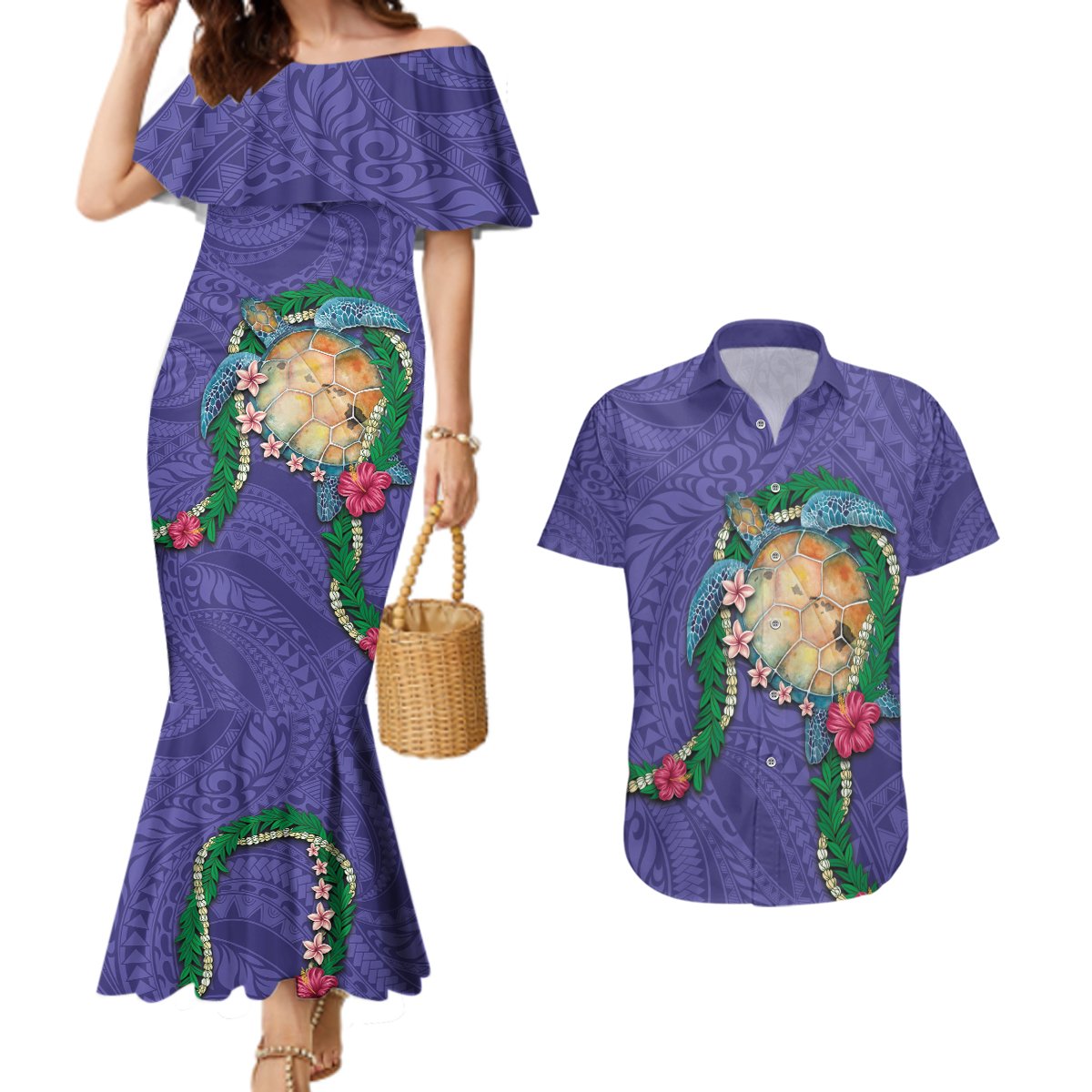 Hawaii Pikake and Maile Lei Couples Matching Mermaid Dress and Hawaiian Shirt Honu Polynesian Pattern Purple Color LT03 Purple - Polynesian Pride