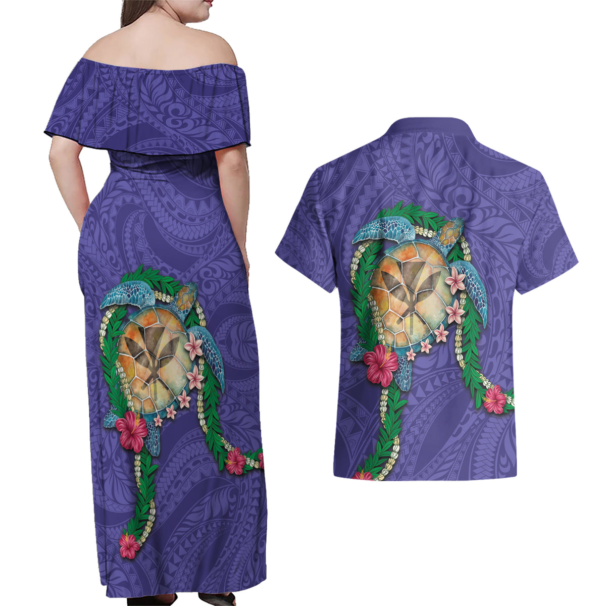 Hawaii Pikake and Maile Lei Couples Matching Off Shoulder Maxi Dress and Hawaiian Shirt Honu Polynesian Pattern Purple Color LT03 - Polynesian Pride