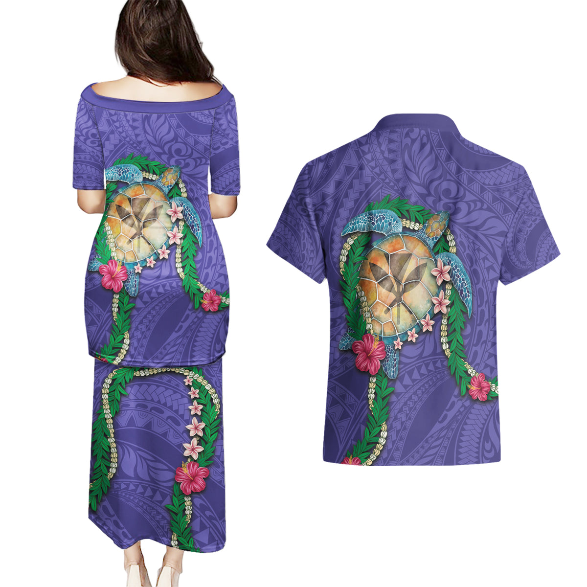 Hawaii Pikake and Maile Lei Couples Matching Puletasi and Hawaiian Shirt Honu Polynesian Pattern Purple Color