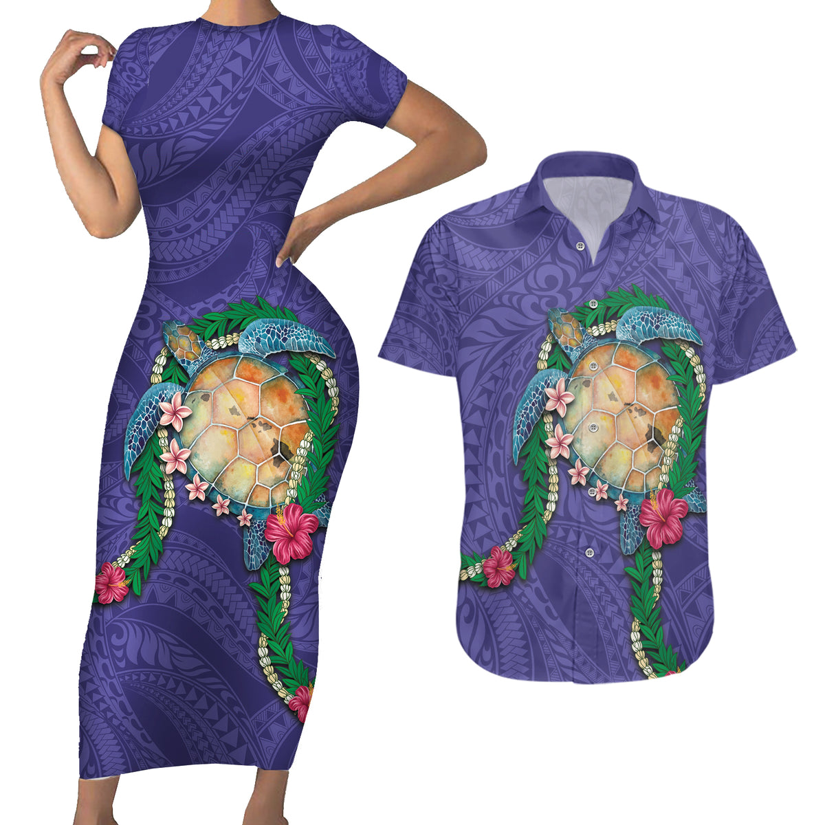 Hawaii Pikake and Maile Lei Couples Matching Short Sleeve Bodycon Dress and Hawaiian Shirt Honu Polynesian Pattern Purple Color LT03 Purple - Polynesian Pride