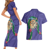 Hawaii Pikake and Maile Lei Couples Matching Short Sleeve Bodycon Dress and Hawaiian Shirt Honu Polynesian Pattern Purple Color LT03 - Polynesian Pride