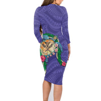 Hawaii Pikake and Maile Lei Family Matching Long Sleeve Bodycon Dress and Hawaiian Shirt Honu Polynesian Pattern Purple Color