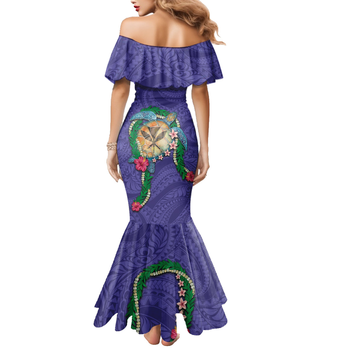 Hawaii Pikake and Maile Lei Family Matching Mermaid Dress and Hawaiian Shirt Honu Polynesian Pattern Purple Color LT03 - Polynesian Pride