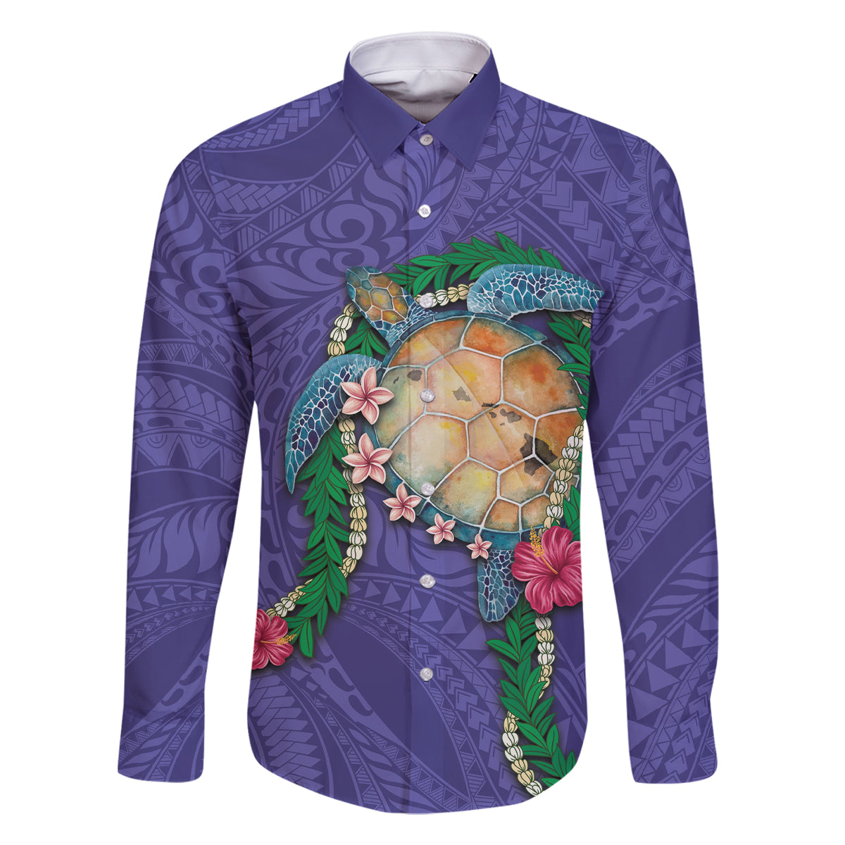 Hawaii Pikake and Maile Lei Family Matching Off Shoulder Maxi Dress and Hawaiian Shirt Honu Polynesian Pattern Purple Color LT03 Dad's Shirt - Long Sleeve Purple - Polynesian Pride
