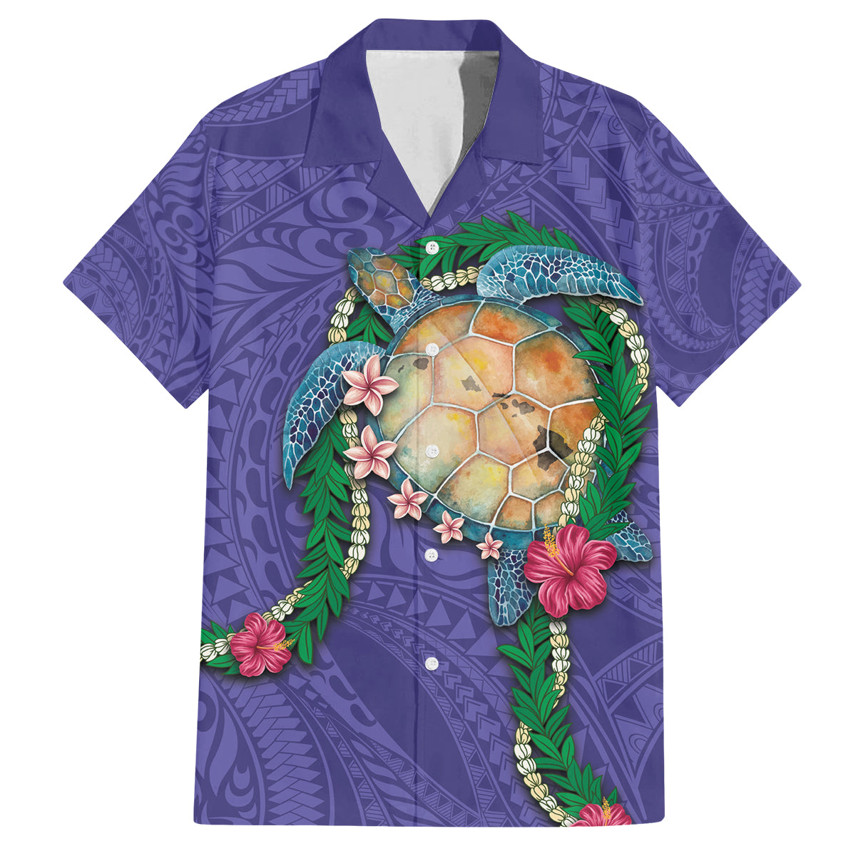 Hawaii Pikake and Maile Lei Family Matching Puletasi and Hawaiian Shirt Honu Polynesian Pattern Purple Color LT03 Dad's Shirt - Short Sleeve Purple - Polynesian Pride