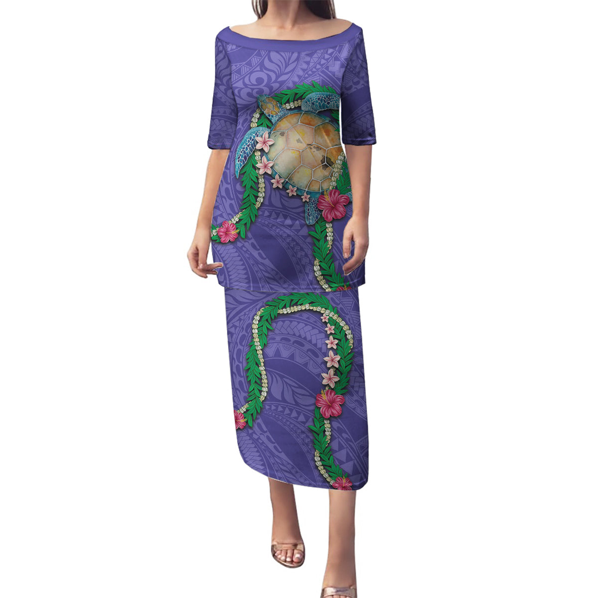 Hawaii Pikake and Maile Lei Family Matching Puletasi and Hawaiian Shirt Honu Polynesian Pattern Purple Color LT03 Mom's Dress Purple - Polynesian Pride