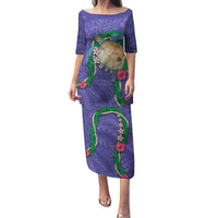 Hawaii Pikake and Maile Lei Family Matching Puletasi and Hawaiian Shirt Honu Polynesian Pattern Purple Color LT03 Mom's Dress Purple - Polynesian Pride